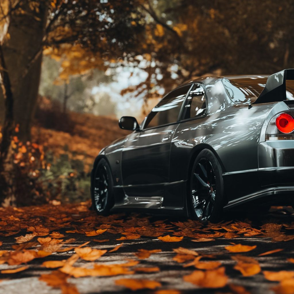 A sleek, silver sports car parked on a scenic autumn road covered in fallen leaves, surrounded by trees with golden foliage. The car's glossy exterior reflects the warm tones of the season.