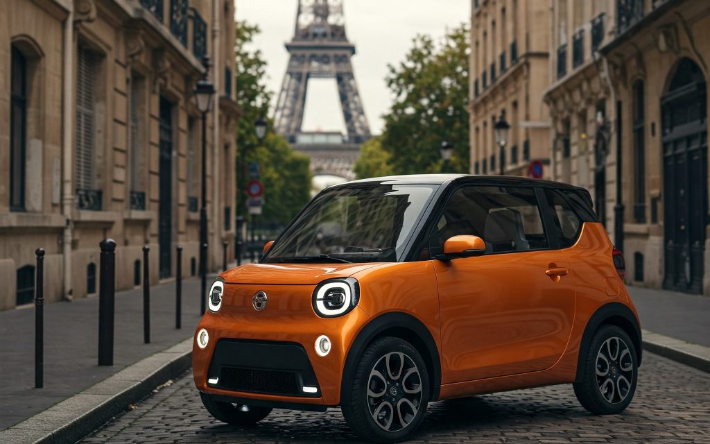 A compact, orange electric car with a sleek and modern design is parked on a cobblestone street in Paris, with the Eiffel Tower standing in the background. No matter where you drive, Dirt Legal makes vehicle registration easy.