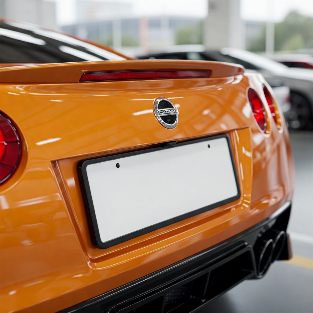 A close-up rear view of an orange Nissan GT-R with a blank license plate, parked indoors in a showroom. Dirt Legal makes it easy to get your car legally registered and road-ready, avoiding DMV delays and paperwork hassles