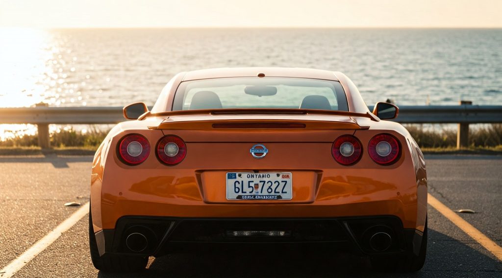 A rear view of an orange Nissan GT-R with an Ontario license plate, parked near a coastal highway with the ocean in the background. Dirt Legal can help you navigate the title and registration process, ensuring compliance with U.S. laws.