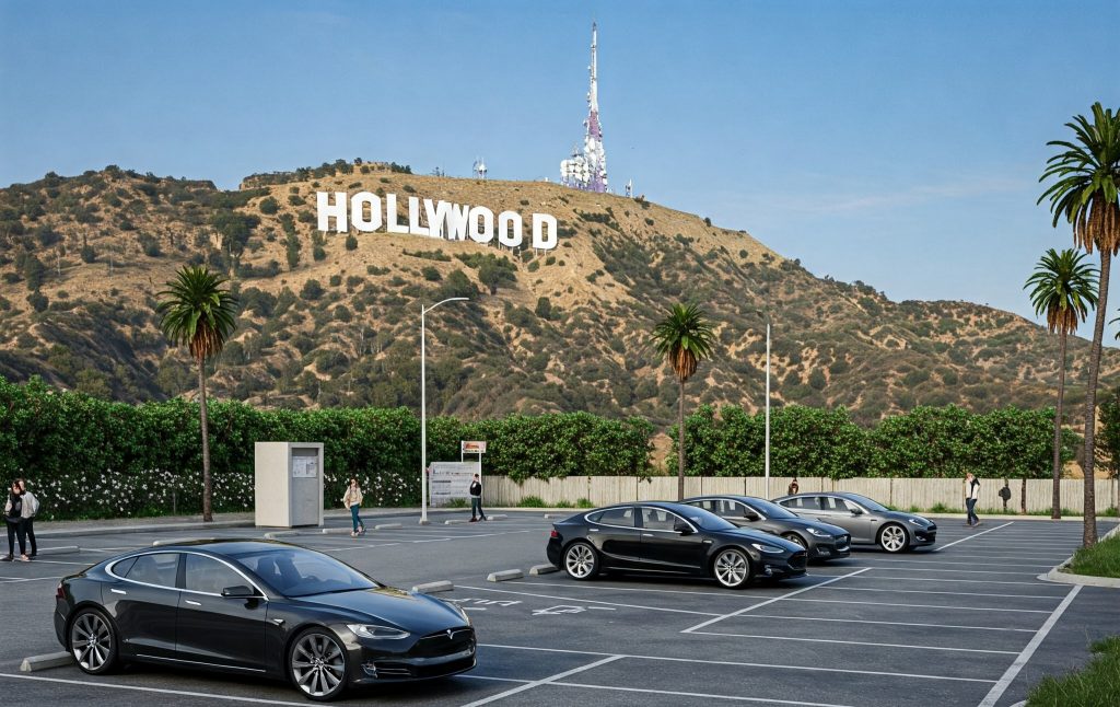 Tesla cars parked in an open lot with the Hollywood sign on a hillside in the background, surrounded by palm trees and greenery under a clear blue sky.