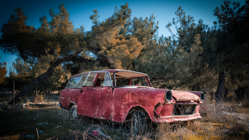 An abandoned, rusted red station wagon sits in an overgrown field, surrounded by dry grass and twisted trees. The vehicle's paint is peeling, headlights are missing, and the body shows signs of wear and decay, evoking a sense of nostalgia and forgotten history.