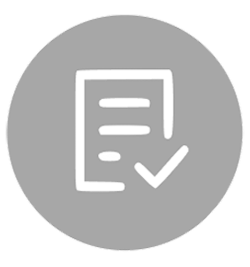 The image features a white icon of a document with three horizontal lines and a downward pointing checkmark on the bottom right, all set against a solid gray circular background.