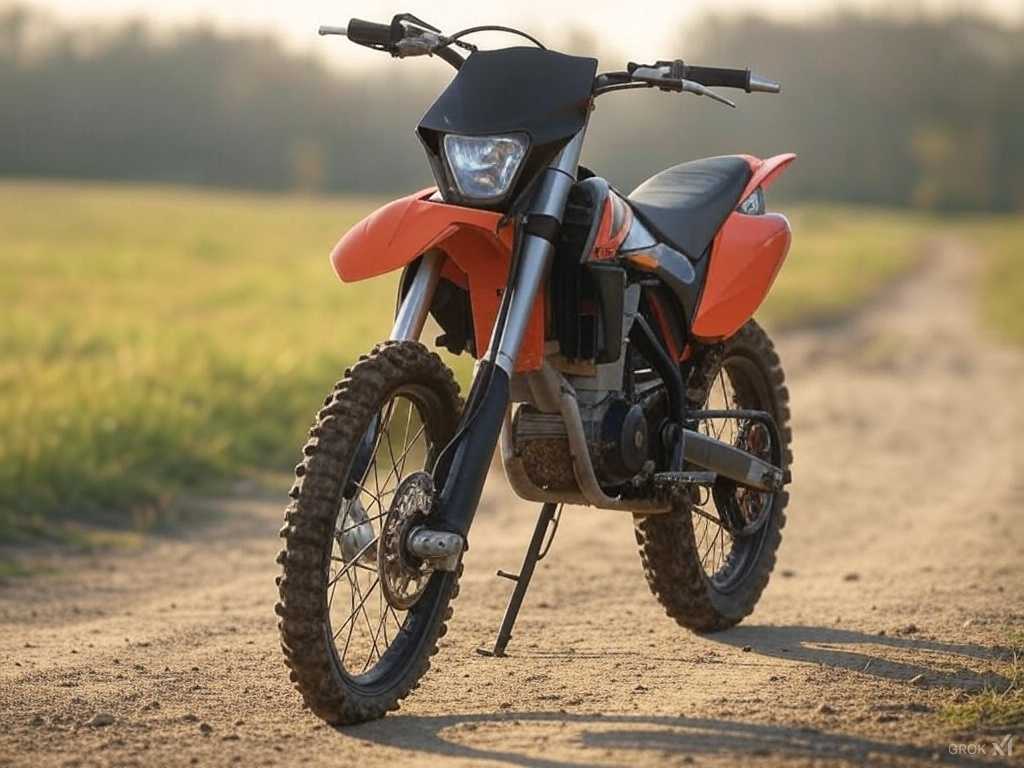 An orange dirt bike parked on a rural dirt road, surrounded by open fields with a blurred tree line in the background, illuminated by warm sunlight. Dirt Legal can help you register your vehicle quickly and hassle-free, ensuring it's street-legal without the DMV headaches.