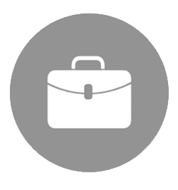 A white briefcase icon with a curved flap and handle is centered on a solid gray circle.