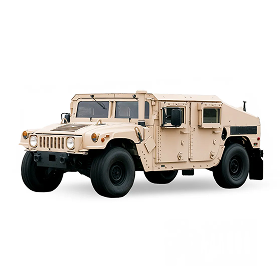 This image shows a beige military-style Humvee H1 with a rugged armored design large off-road tires and a wide stance built for extreme durability and tough terrain.
