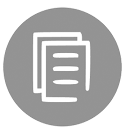 The image shows a white icon representing two overlapping documents, each with three horizontal lines indicating text, against a solid gray circular background.