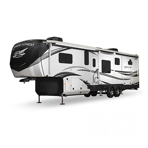 This image shows a large fifth-wheel travel trailer with a modern white and black design featuring multiple windows, slide-outs, and stabilizer jacks, designed for spacious and comfortable mobile living.