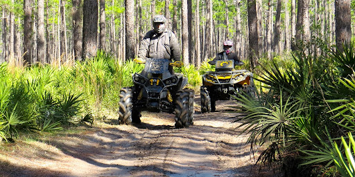 Two riders on all-terrain vehicles (ATVs) navigating a dirt trail through a forest, surrounded by lush greenery and tall trees.