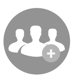 Three white silhouette figures, representing a group, are shown on a gray circle with a light gray circle and white plus sign overlaid on the central figure, suggesting adding a member.