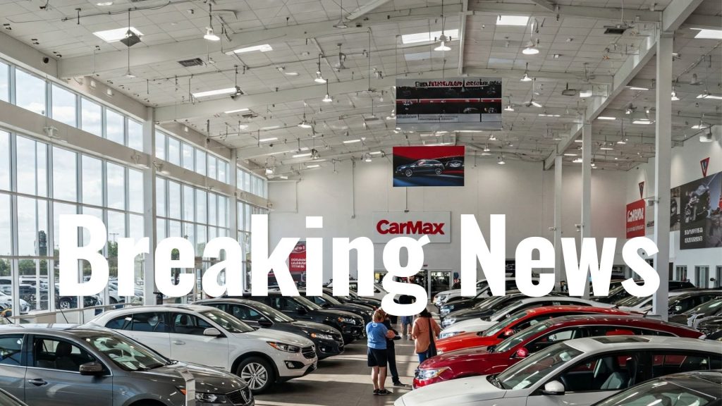 The image shows the interior of a CarMax dealership with a spacious showroom filled with a variety of vehicles, including sedans and SUVs, neatly arranged in rows. The dealership features a high ceiling with bright lighting, large windows allowing natural light to flood the space, and banners hanging from the ceiling. A "Breaking News" text overlay is prominently displayed in bold white letters across the image.