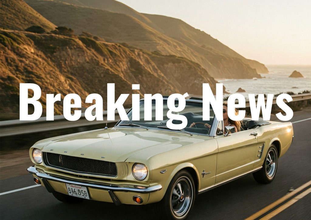A vintage Ford Mustang convertible drives along a coastal highway at sunset with a woman behind the wheel and ocean cliffs in the background.