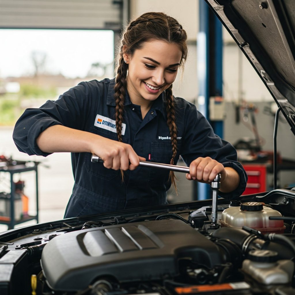 A female mechanic with braided hair is smiling while working under the hood of a car in a professional garage.