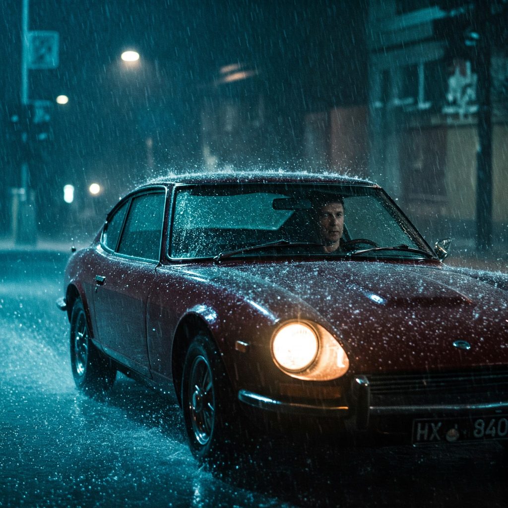A man drives a vintage red sports car through a dark city street at night in heavy rain.