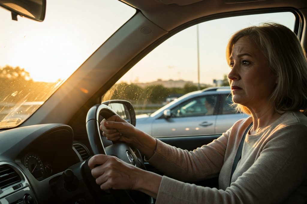 A middle-aged woman with short blonde hair drives a car during sunset with a focused and concerned expression as traffic moves beside her on the highway.