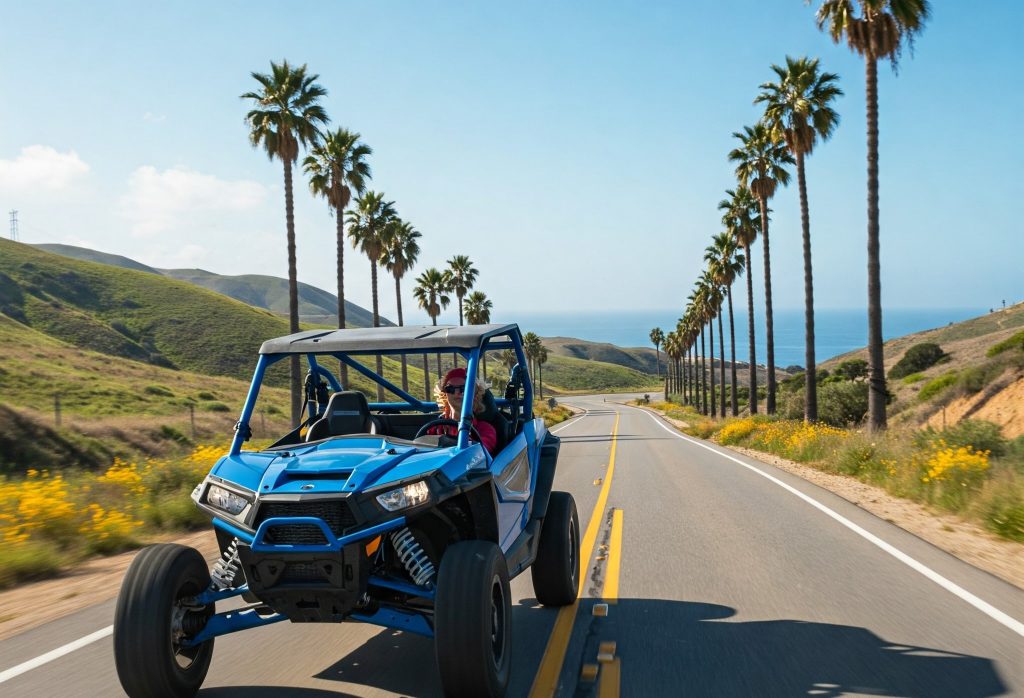 This image shows a person driving a blue off-road UTV on a scenic coastal highway lined with tall palm trees, with rolling green hills and the ocean visible in the background under a clear blue sky.