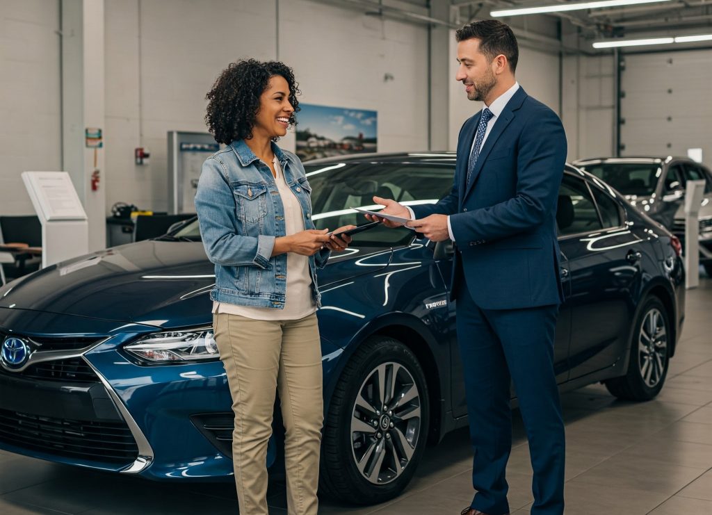 A smiling woman in a denim jacket receives paperwork from a well-dressed salesman inside a car dealership. A shiny blue Toyota sedan is parked behind them, suggesting a recent purchase or lease. The setting is a professional showroom with bright lighting, emphasizing the car-buying experience.