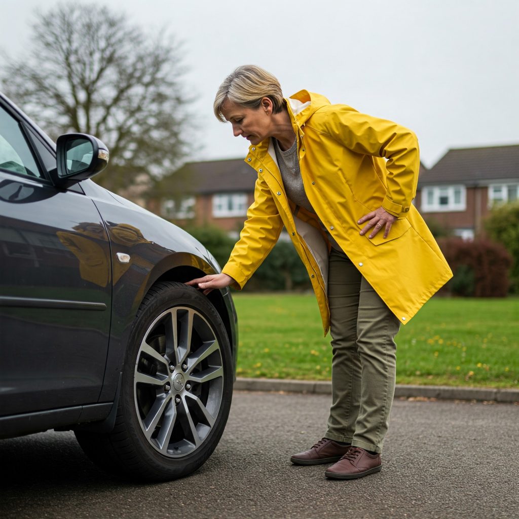 A woman in a yellow raincoat checks the front tire of a parked car on a suburban street.