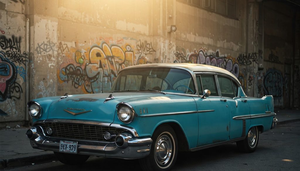 A vintage turquoise Chevrolet Bel Air parked on an urban street with graffiti-covered walls in the background. The classic car's chrome details shine under the warm sunlight. Have a classic or unique vehicle with registration challenges? Dirt Legal can help get it street-legal with hassle-free title and registration services.