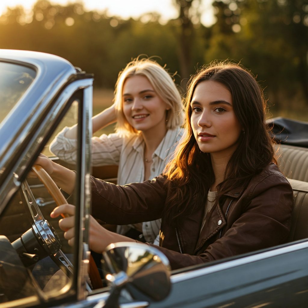 Two young women sit in a classic convertible during golden hour, with one driving and the other smiling in the passenger seat.