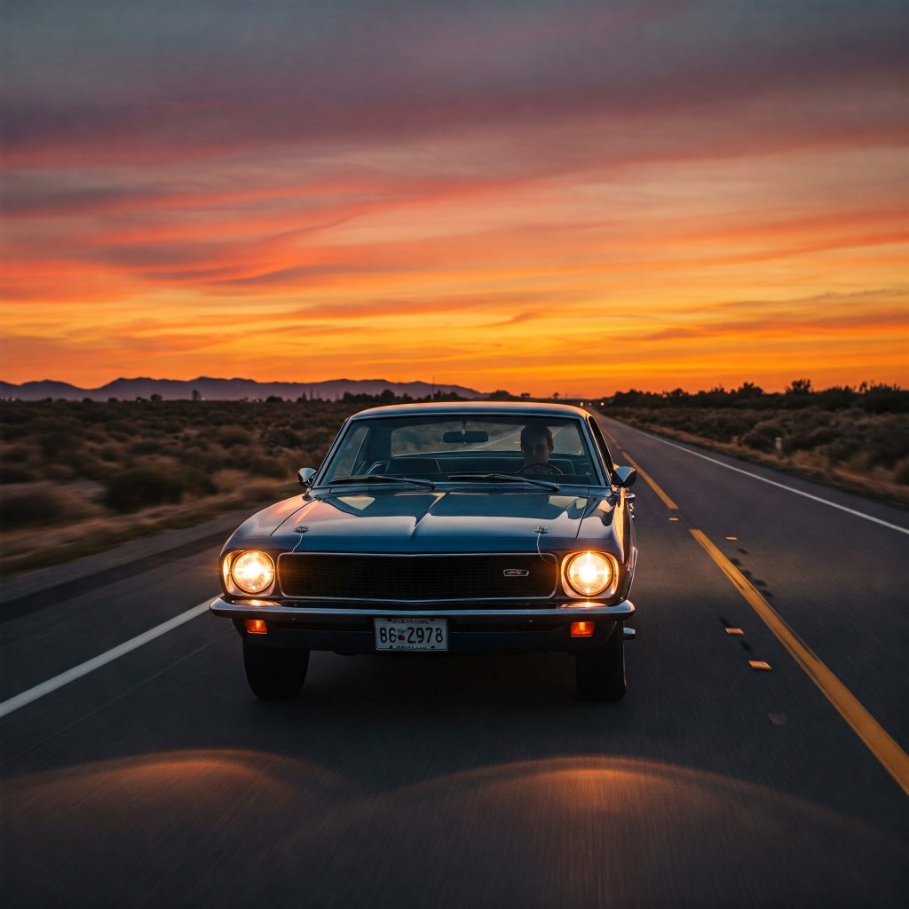 classic dark green Ford Mustang drives down an empty desert highway at sunset