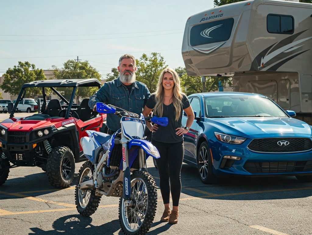 A bearded man and a smiling woman stand in a parking lot holding vehicle registration documents, with a blue dirt bike in front of them. Behind them are a red side-by-side off-road vehicle, a blue sedan, and a large fifth-wheel RV. The image conveys vehicle ownership, registration, and outdoor adventure.