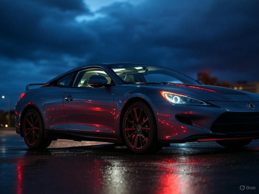 A sleek sports car with sharp headlights is parked on a wet surface at dusk with red reflections glowing against a dramatic blue sky.