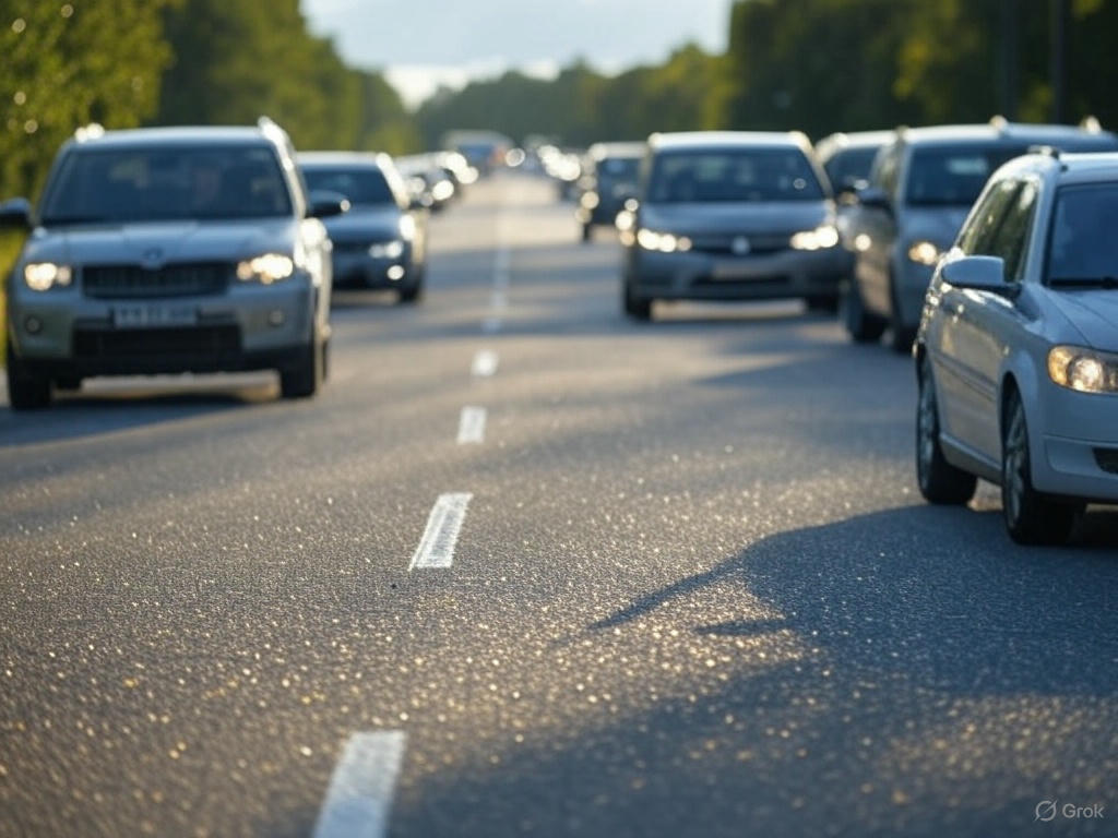 Multiple vehicles drive along a busy multi-lane road during daylight with sunlight reflecting off the pavement and trees lining both sides.