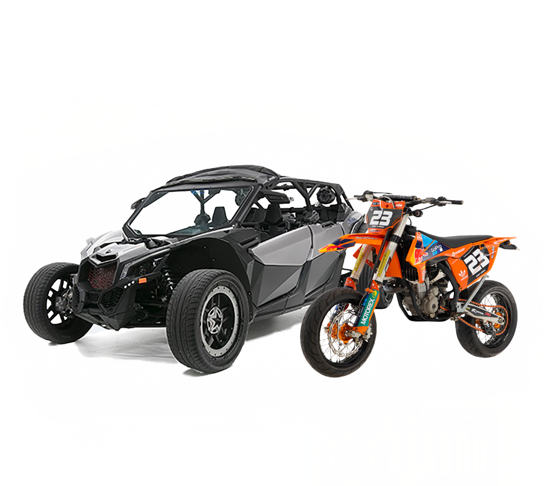 This image shows a black and gray off-road side-by-side vehicle next to an orange dirt bike with the number 23 on it.