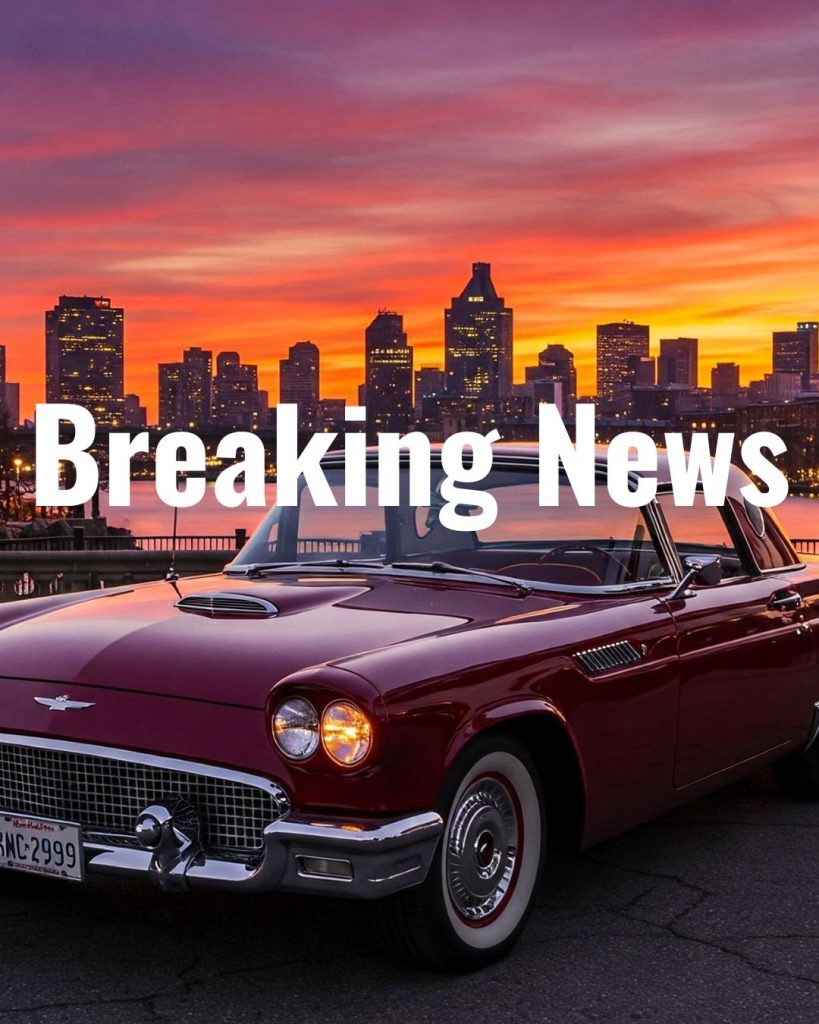 A classic red convertible is parked against a vivid sunset skyline with bold "Breaking News" text overlayed.