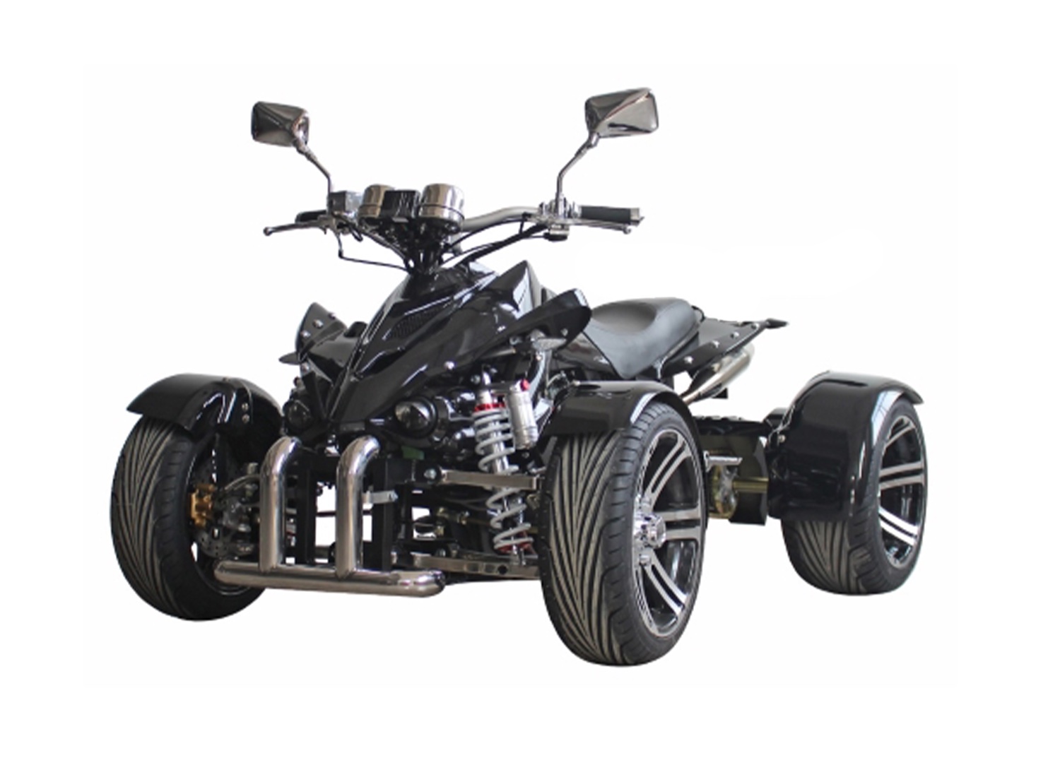 This image shows a sleek black four-wheeled ATV with sporty tires, dual headlights, and side mirrors designed for both street and off-road riding.