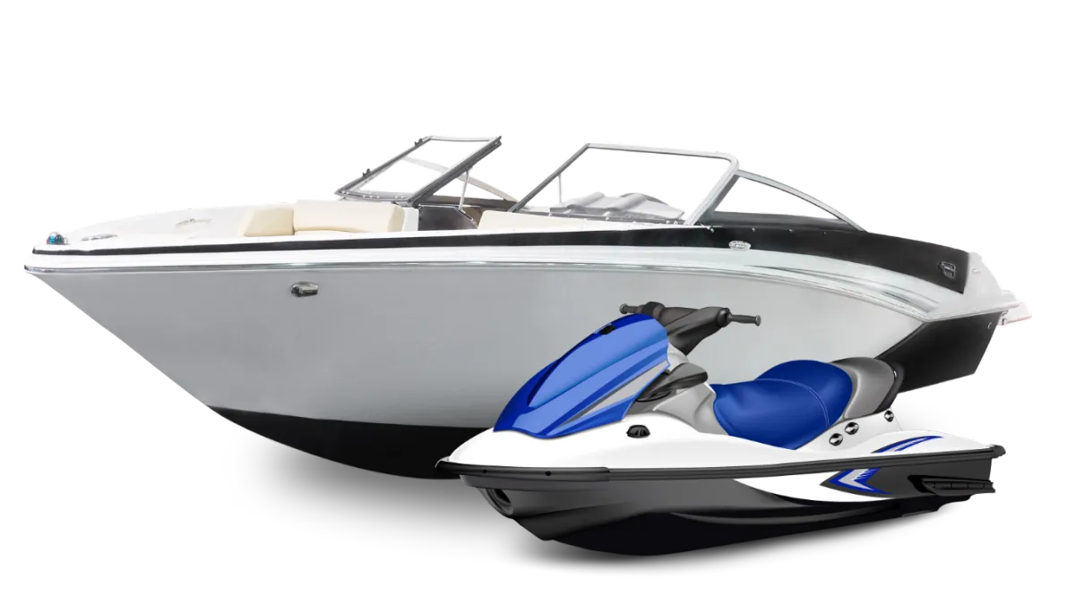 A sleek motorboat and a sporty jet ski are displayed side by side, showcasing two fun ways to enjoy time on the water.