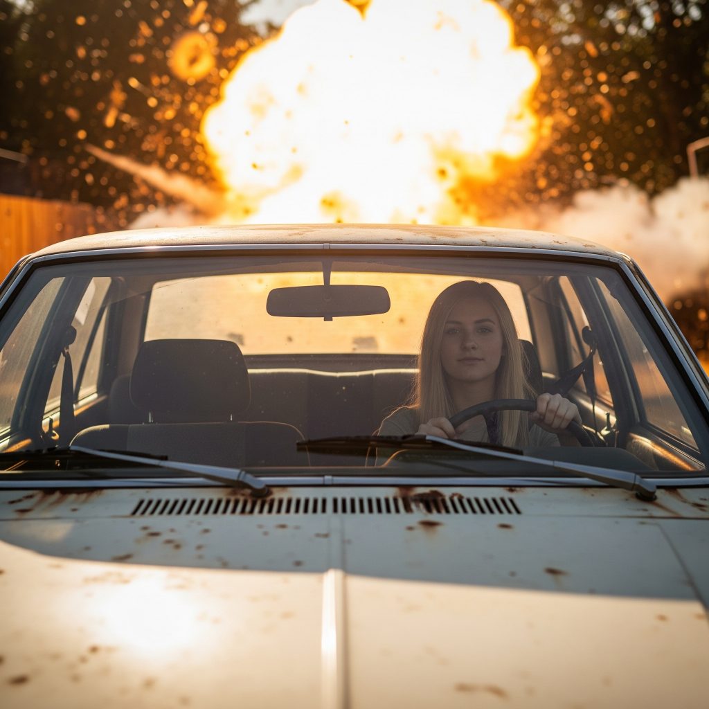 A calm, determined woman drives away from a massive explosion behind her, embodying high-stakes urgency and fearless control.