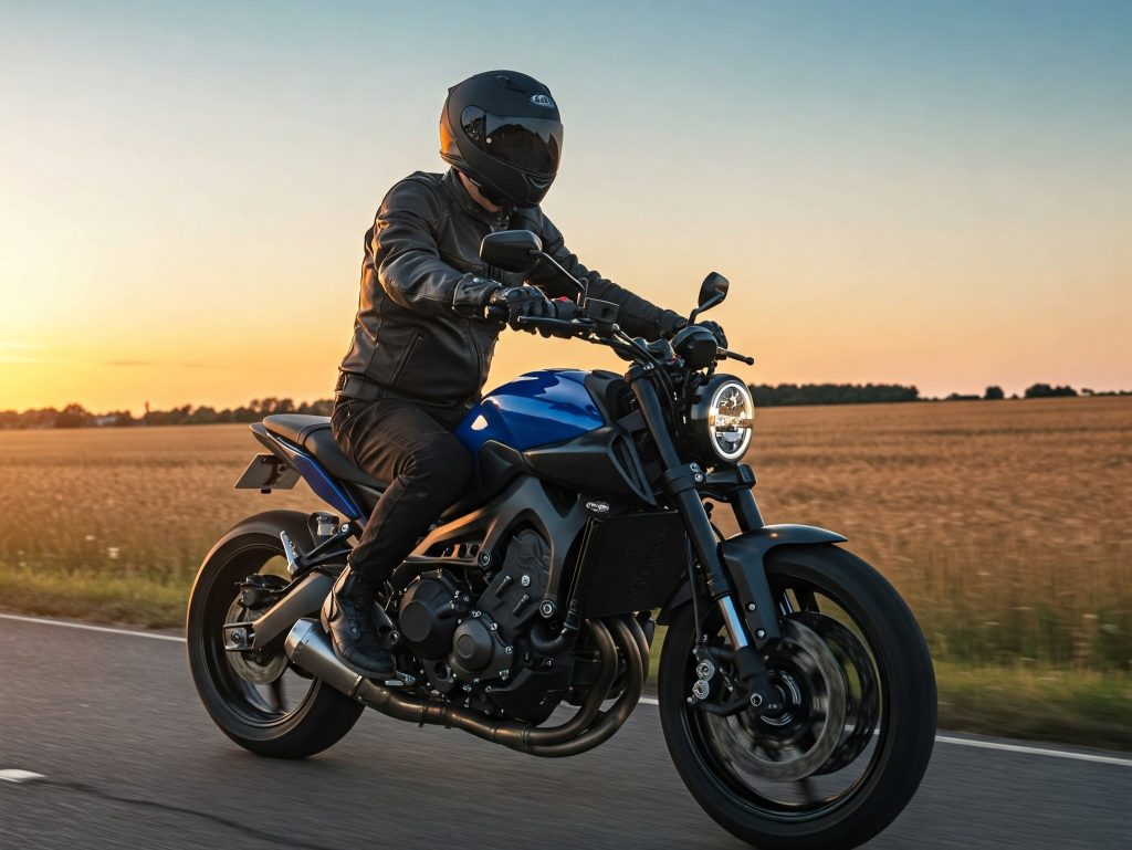 Person riding a modern motorcycle on a paved road during sunset.