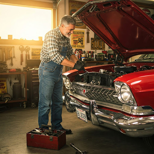 A smiling older mechanic in a sunlit garage leans over the open hood of a classic red car, tools at hand, as he inspects its engine.
