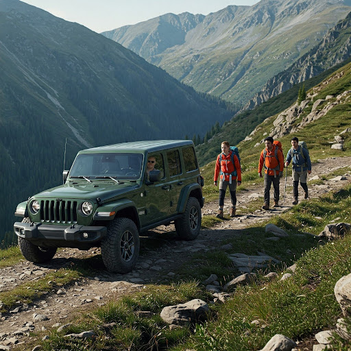 A rugged green Jeep Wrangler forges along a rocky mountain trail as three backpack-clad hikers follow behind against a backdrop of steep alpine peaks.