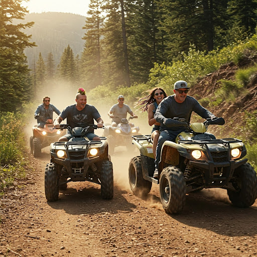 A group of friends rides ATVs through a dusty forest trail on a sunny day.