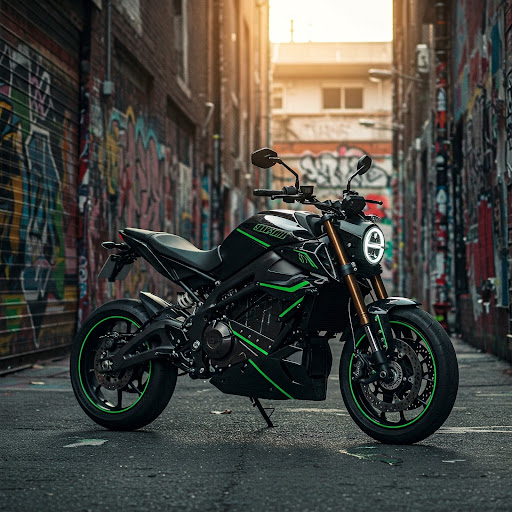 A sleek black-and-neon-green naked sport motorcycle is parked in a narrow, graffiti-covered urban alley with warm light filtering in from the end.