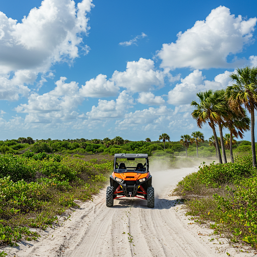 This vibrant image captures a bright orange off-road utility vehicle (UTV) driving down a sandy trail through a tropical or subtropical landscape.