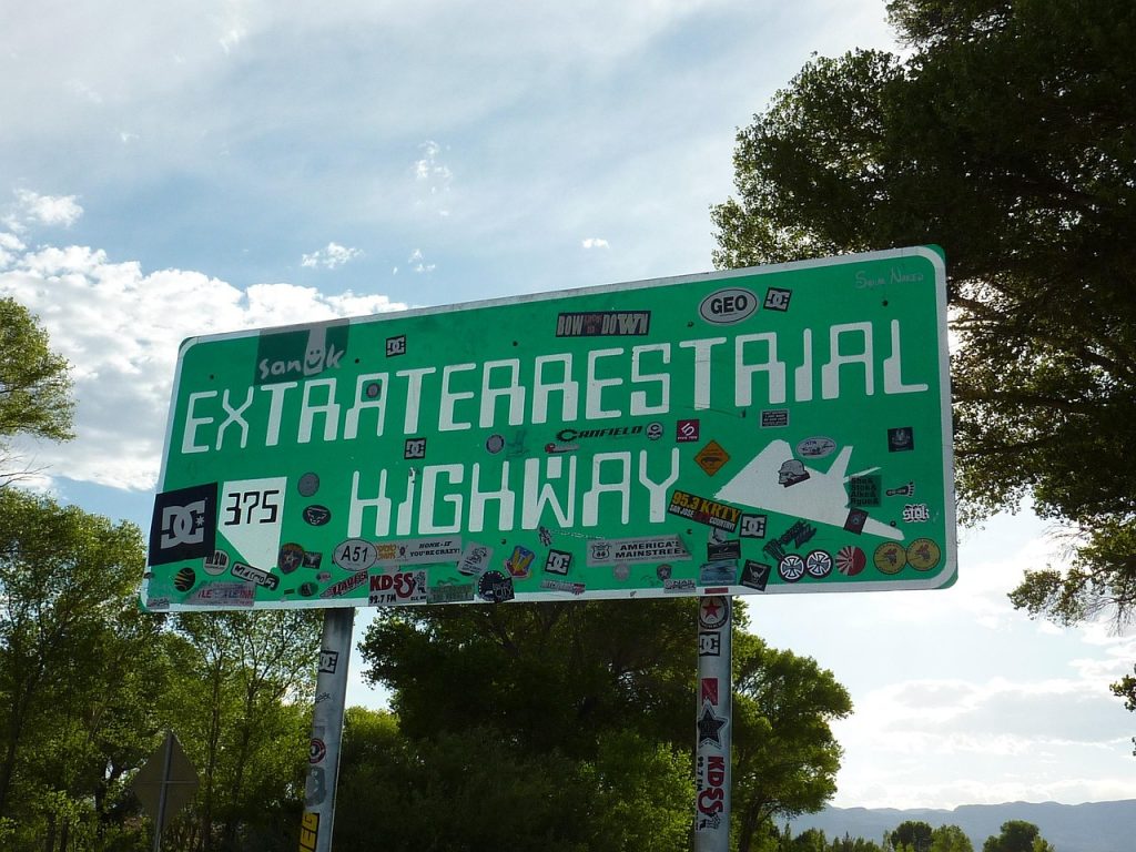 green road sign for the Extraterrestrial Highway, officially known as Nevada State Route 375, located in the southwestern United States.