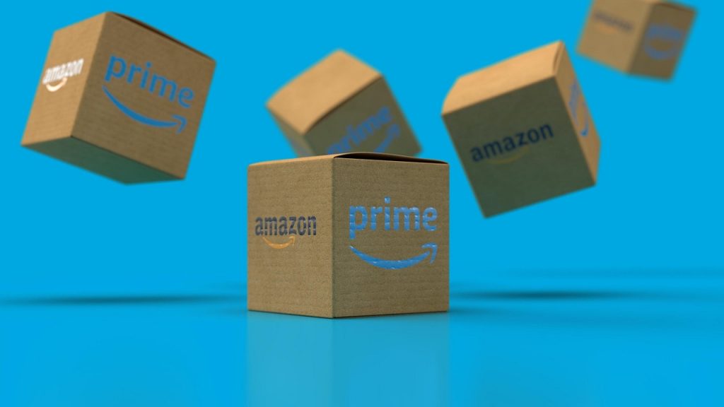 several Amazon Prime boxes floating against a bright blue background, highlighting fast and reliable delivery.