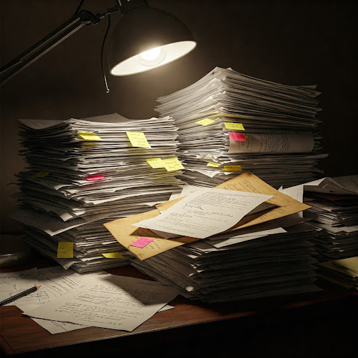 A dimly lit desk is buried under towering stacks of disorganized paperwork, scribbled notes, and colorful sticky tabs, illuminated by a single overhead lamp casting sharp shadows.