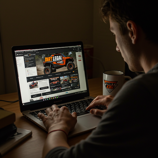 A man is working intently on a laptop displaying the Dirt Legal website, featuring an off-road vehicle on the homepage