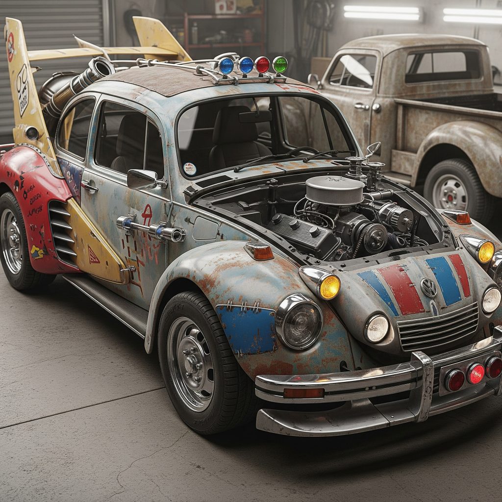 This wildly modified Volkswagen Beetle — featuring jet fins, a supercharged engine, and patchwork paint — is a true Frankenstein street-legal custom build, now ready to hit the streets after proper registration.