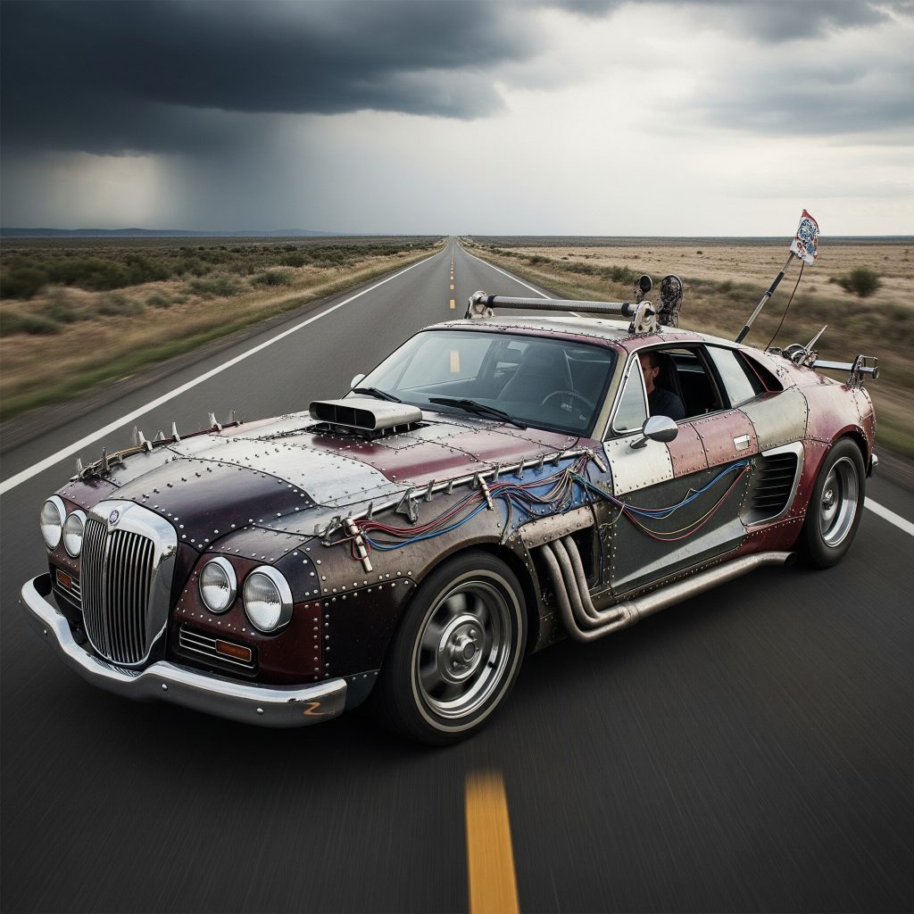 ChatGPT said: A wild Frankenstein car built from mismatched parts and raw creativity barrels down the highway — a fully street-legal custom build made possible with expert vehicle registration solutions.