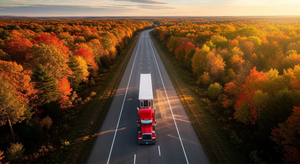 An aerial view of a red semi-truck hauling a trailer down a highway surrounded by autumn-colored trees, symbolizing long-haul trucking and Montana LLC registration flexibility.