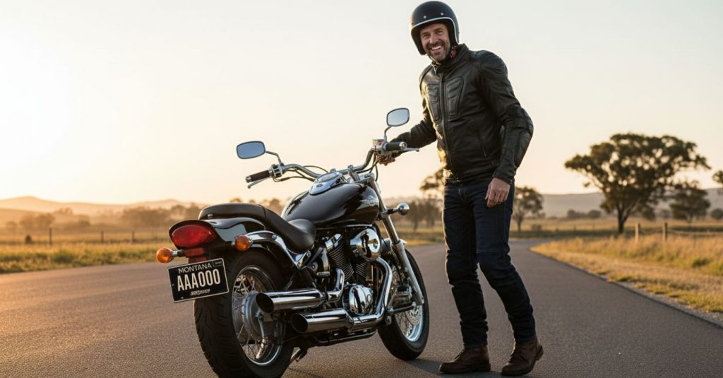 A happy motorcycle rider, wearing a helmet, is standing on a scenic road with a black cruiser motorcycle, ready to mount the bike.