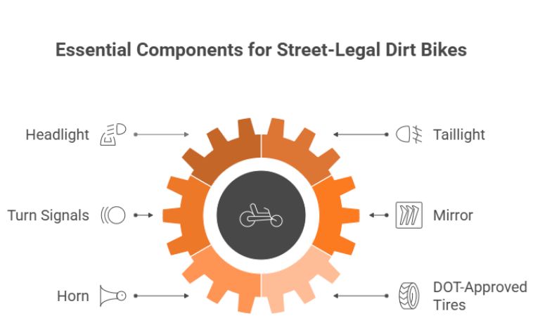 This diagram highlights six essential components—headlight, taillight, turn signals, mirror, horn, and DOT-approved tires—required to make a dirt bike street-legal.