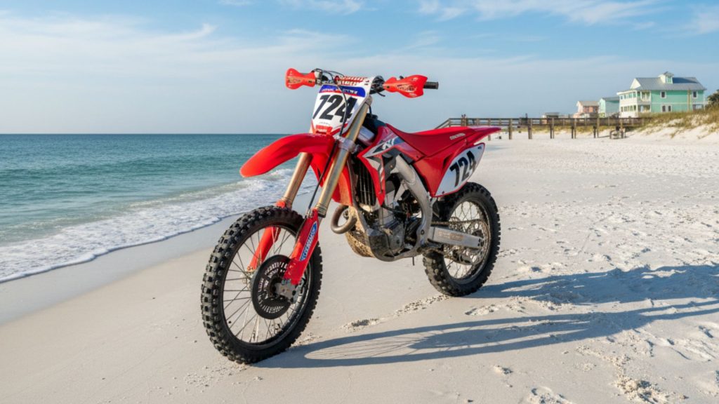 Dirt bike parked on the white sandy beach of Alabama's Gulf Coast, with gentle waves, a clear blue sky, and distant beach houses, offering a unique coastal view.