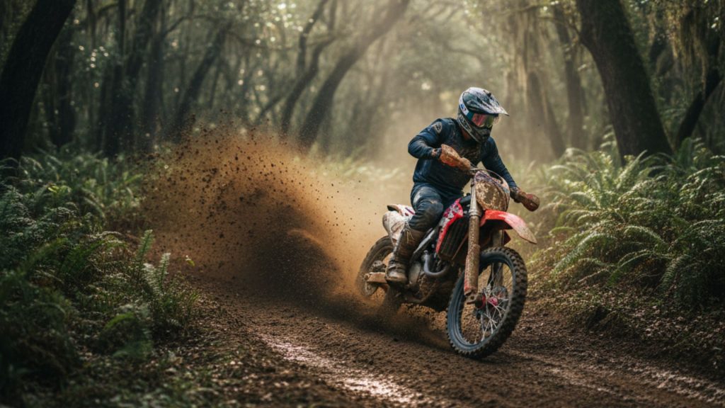 Dirt bike rider in a dynamic pose, speeding down a muddy trail through a dense, humid Southern forest in Alabama, with blurred greenery and dappled sunlight creating a sense of motion.